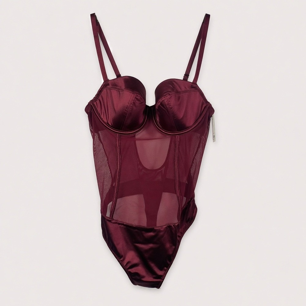 Auden Intimates Womens Mesh and Satin Underwire Bodysuit Berry Red XS NEW